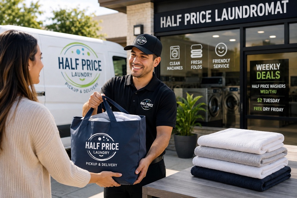 Half Price Laundry team member handing a fresh laundry bag to a customer at the store