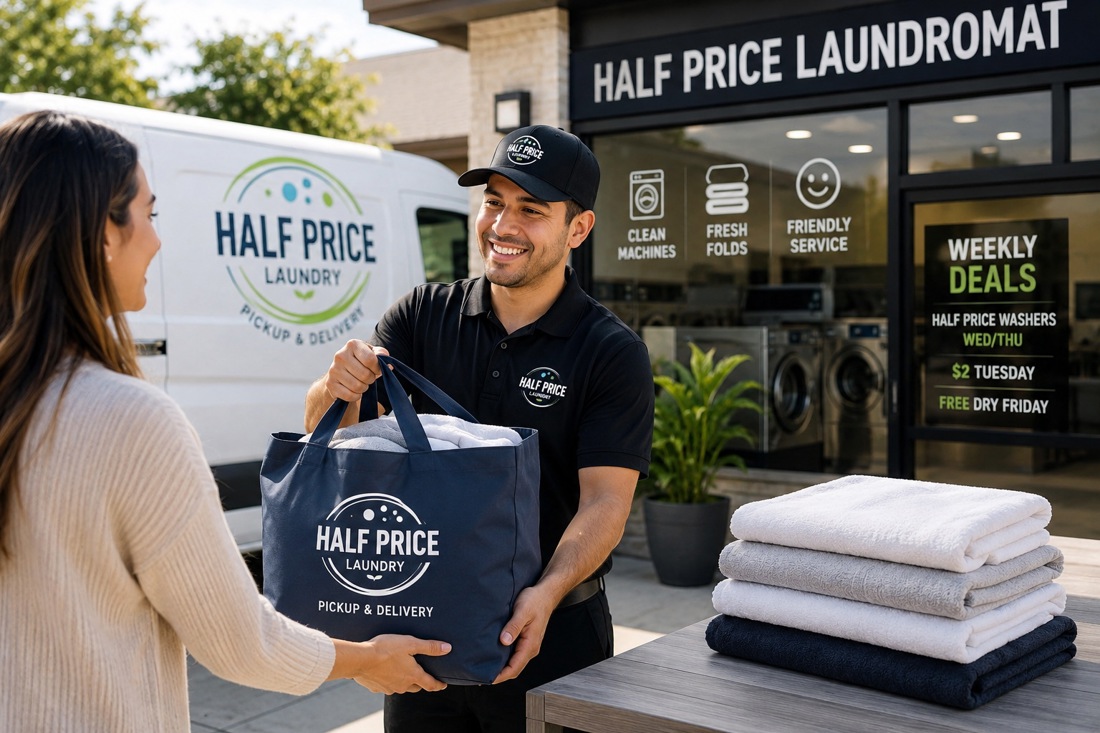 Half Price Laundry storefront and delivery van