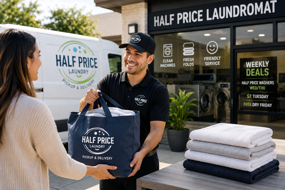 Half Price Laundry team member handing a fresh laundry bag to a customer at the store