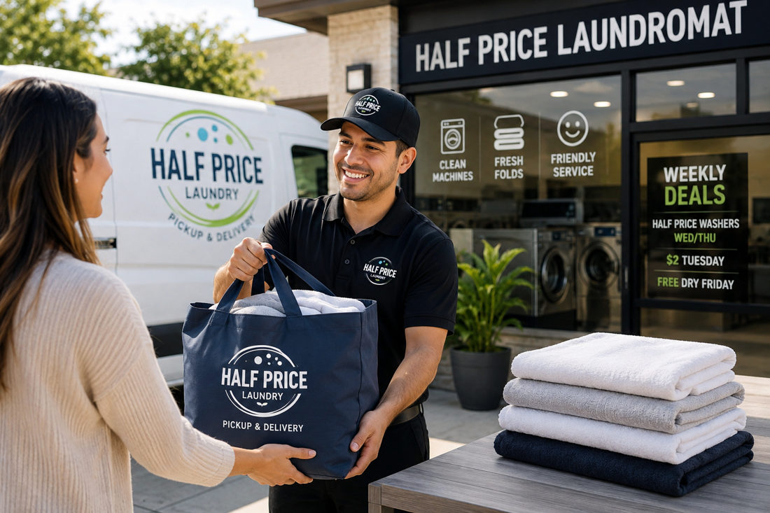 Half Price Laundry storefront and delivery van