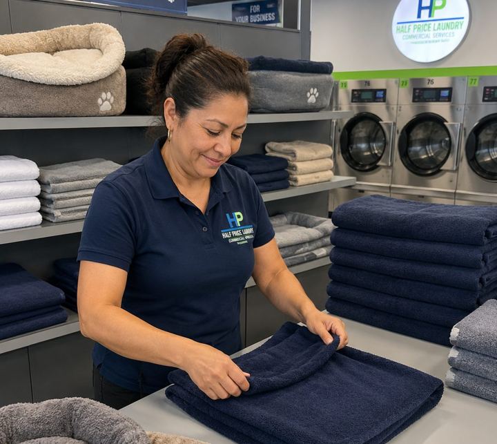 Fresh folded pet care linens from Half Price Laundry